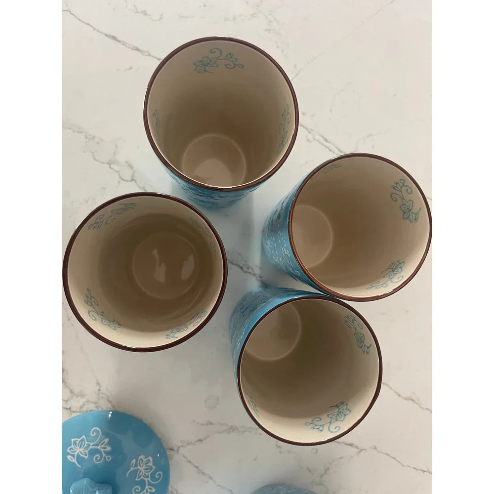 Temp-tations Floral Lace 5pc Ceramic 2qt Pitcher and 16oz Tumbler Set Sky Blue